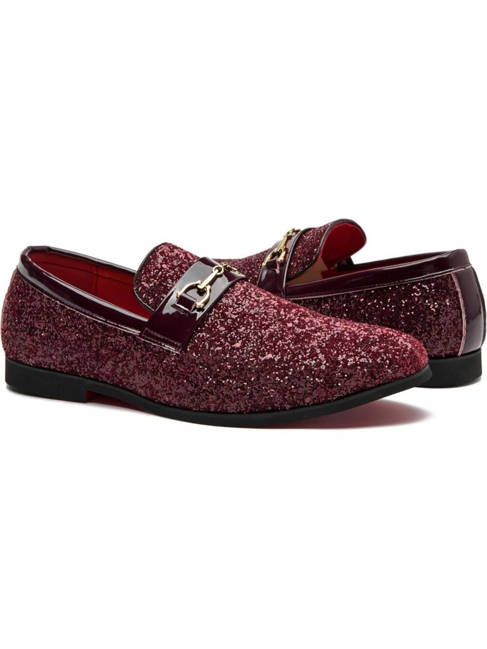 YICASXIHE Men's Burgundy Glitter Sequins Loafer Gold Buckle Slip On Formal Shoes